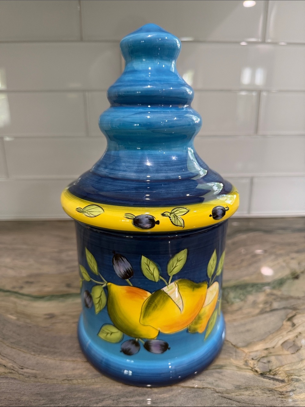 Hand-Painted Blue and Yellow Ceramic Decorative Jar by Laurie Gates